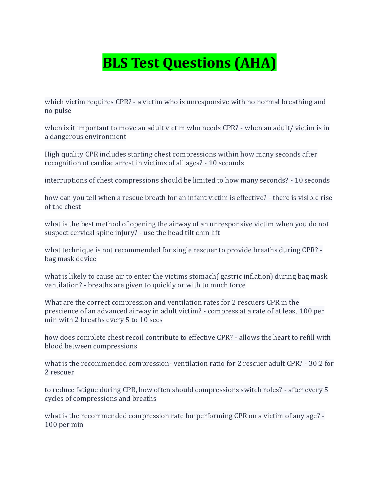 Preview image for BLS Test Questions (AHA) Questions And Answers( With Complete Top Solution Rated A)